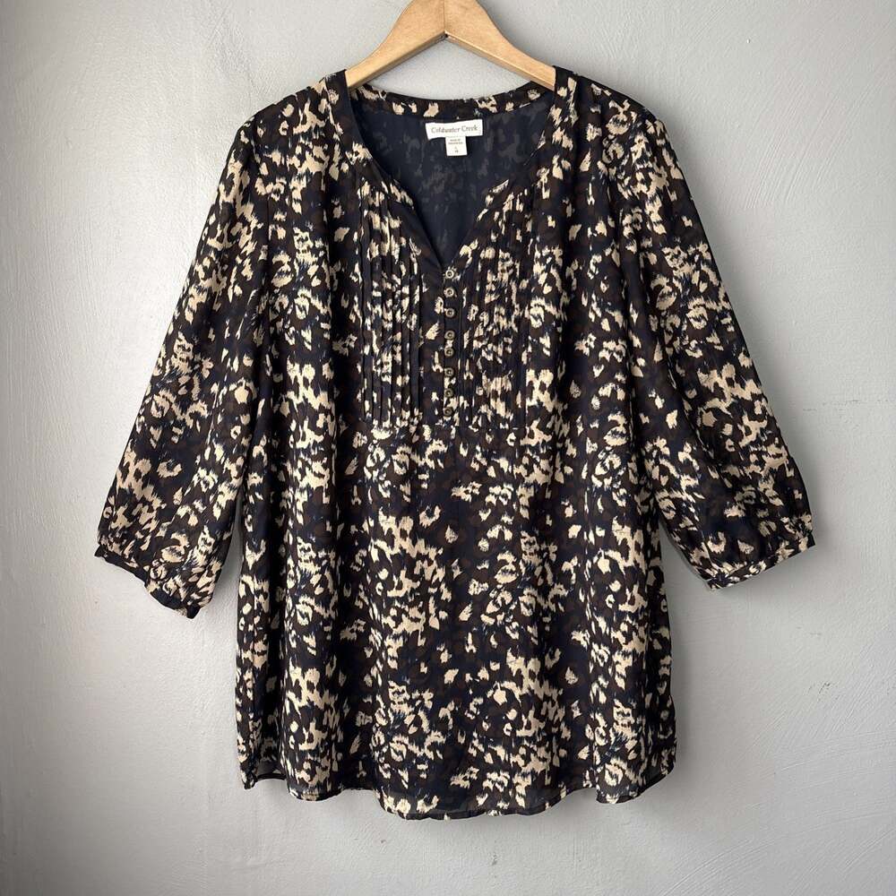 Coldwater Creek Popover Shirt Size Large 14 Pintuck Dark Semi Sheer Animal Print